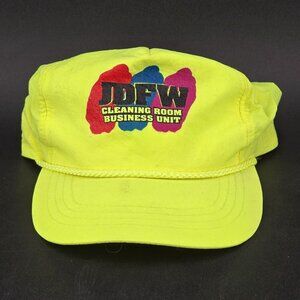 Vintage Neon Yellow Advertising Hat JDFW Cleaning Business Rope Front Snapback